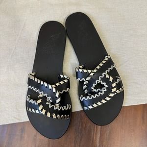 ANCIENT GREEK SANDALS Desmos Stitch Slide Sandals in Black/Light Gold